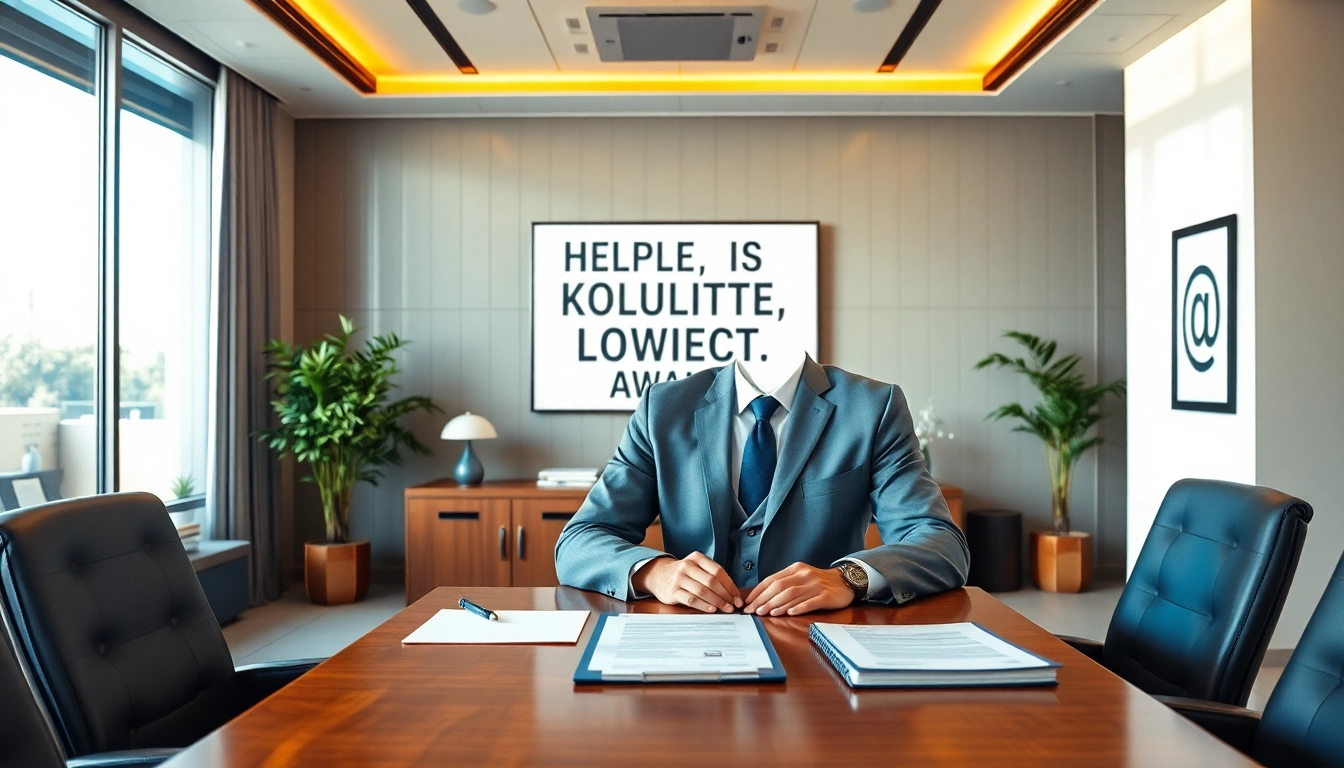 Intellectual property lawyer consulting clients in a modern office with legal documents.