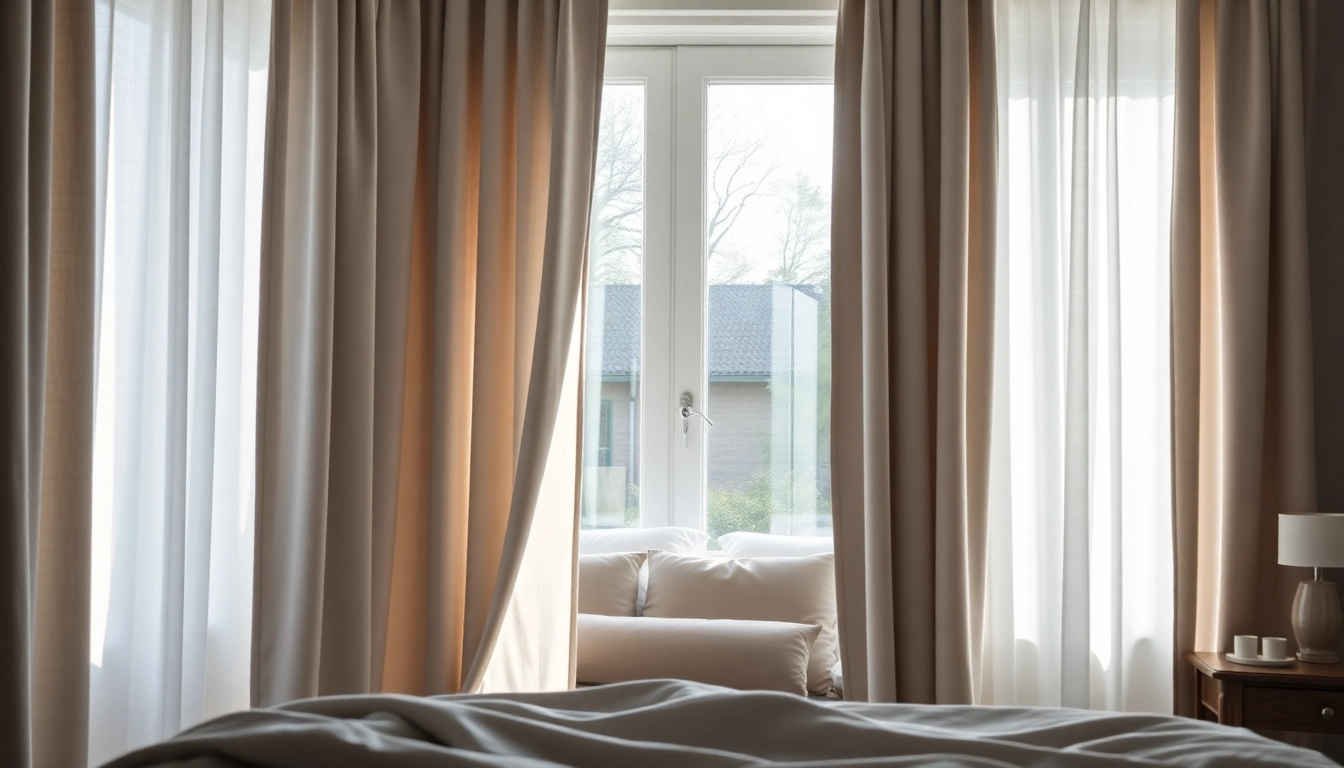 Verduisterende gordijnen die elegant zonlicht blokkeren in een serene slaapkamer.
