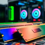 Porównanie cen pamięci RAM w zaawansowanym środowisku technologicznym, z wieloma modułami.