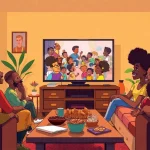 A lively family scene enjoying African American cartoons together in a cozy living room.