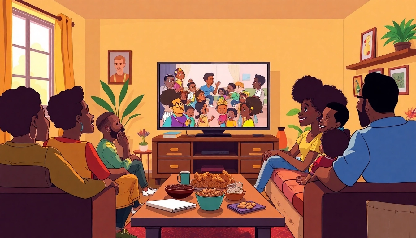 A lively family scene enjoying African American cartoons together in a cozy living room.