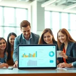 Collaborating team at a digital marketing company analyzing strategies in a professional environment.