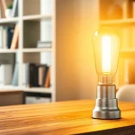 Helder en moderne led lamp op een stijlvolle houten tafel in een gezellige kantooromgeving.