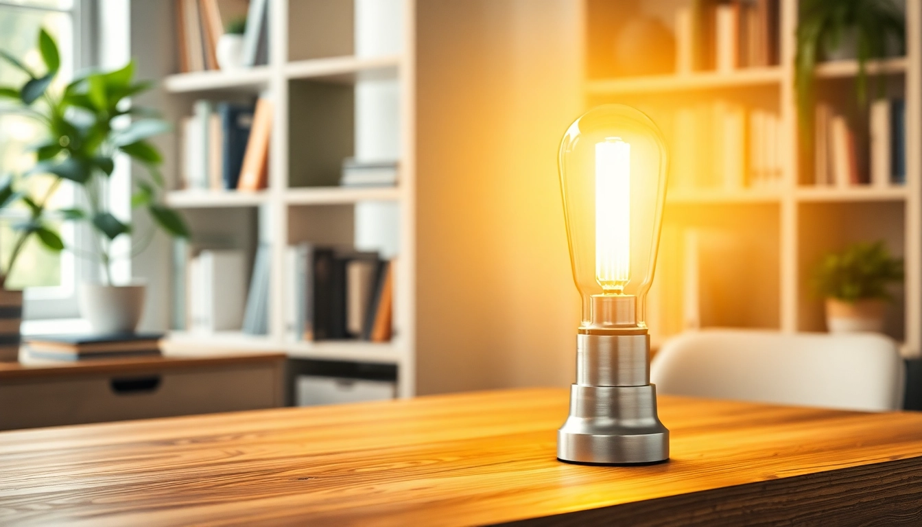 Helder en moderne led lamp op een stijlvolle houten tafel in een gezellige kantooromgeving.