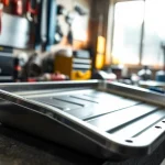 Oil Drain Pan showcasing its sleek design in a bright workshop setting with automotive tools.