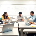 Collaborative scene of TOEIC test takers for hire studying in a bright, modern classroom.
