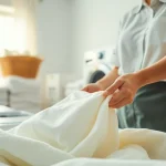 Katoen stof wassen door een professionele wasster met serene achtergronden.