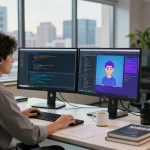 Dynamic workspace showcasing spicychat AI interactions and coding, vibrant tech atmosphere