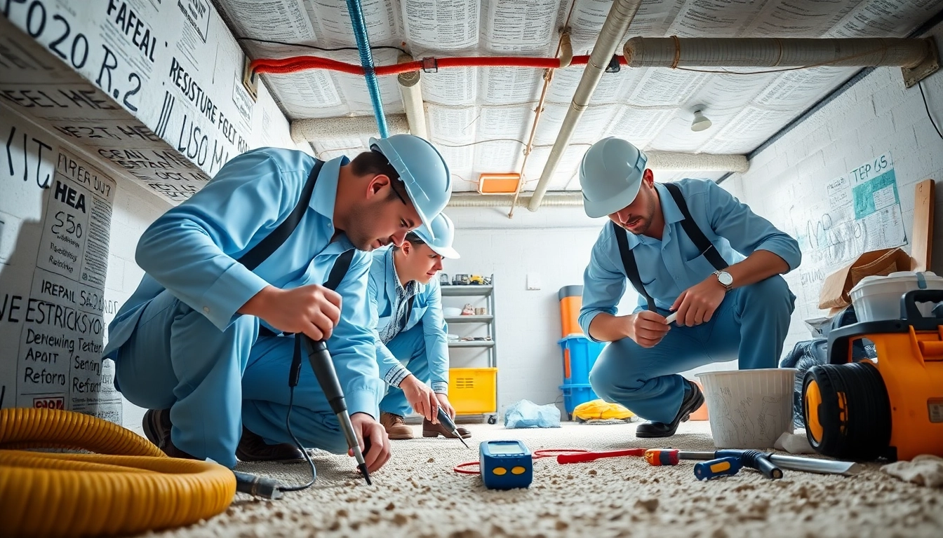 Engaging professionals performing Crawl Space Restoration with advanced tools in a well-lit environment.