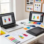 Designer customizing colorful acrylic keychains in a bright creative workspace.