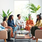 Anxiety symptoms discussion in a comforting therapy room with diverse individuals engaging.