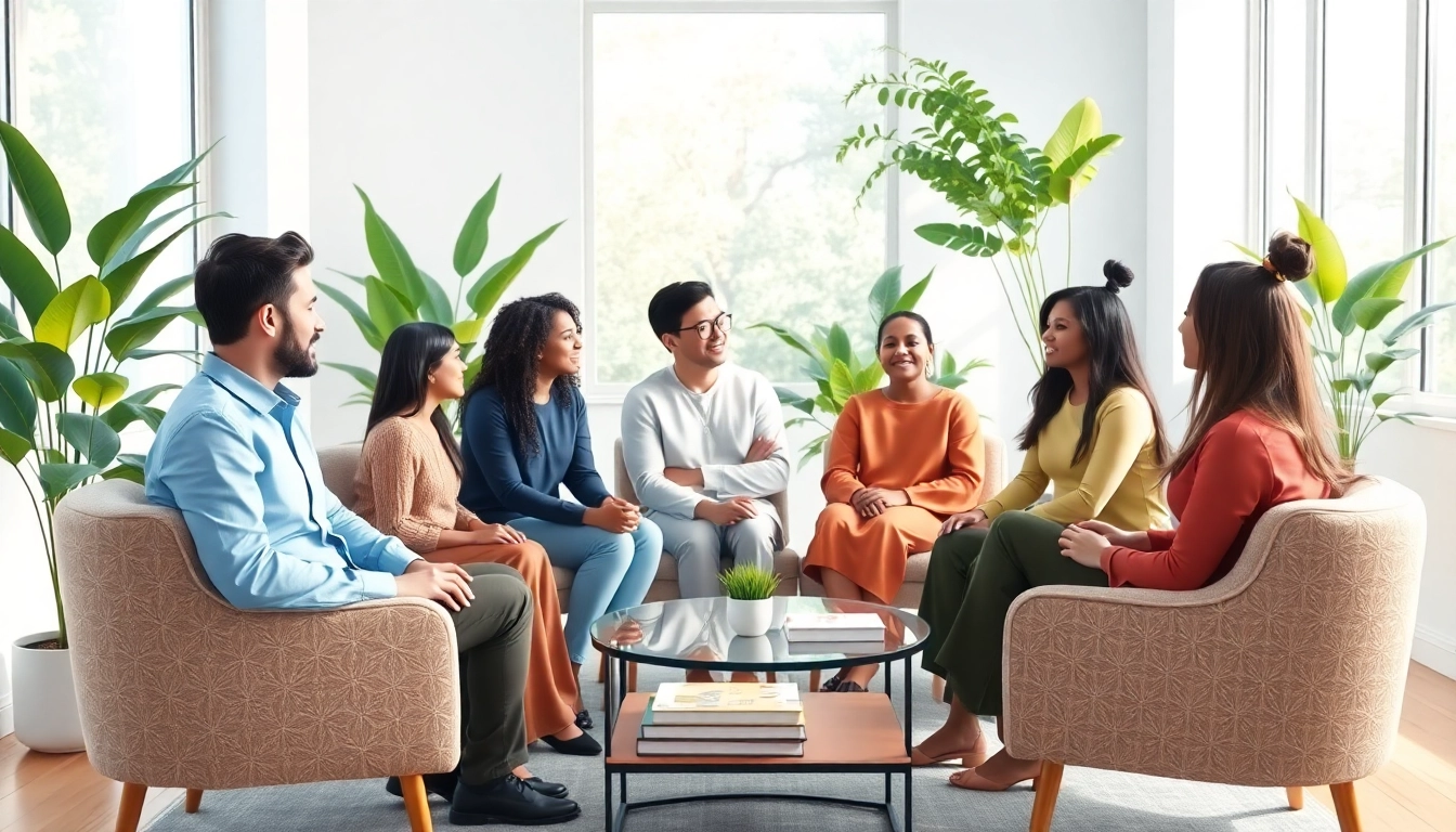 Anxiety symptoms discussion in a comforting therapy room with diverse individuals engaging.