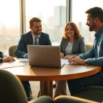 Luxembourg family holding discusses investments in a modern office setting with a city view.