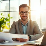 Experienced tax consultant in Kenya analyzing financial documents in a bright office.