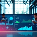 Showcasing CloudWalk Technology in a modern workspace with collaborative team efforts and a sleek dashboard.