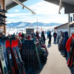 Shop for ski equipment at the ski shop Gunstock Mountain Resort, NH with vibrant winter gear.