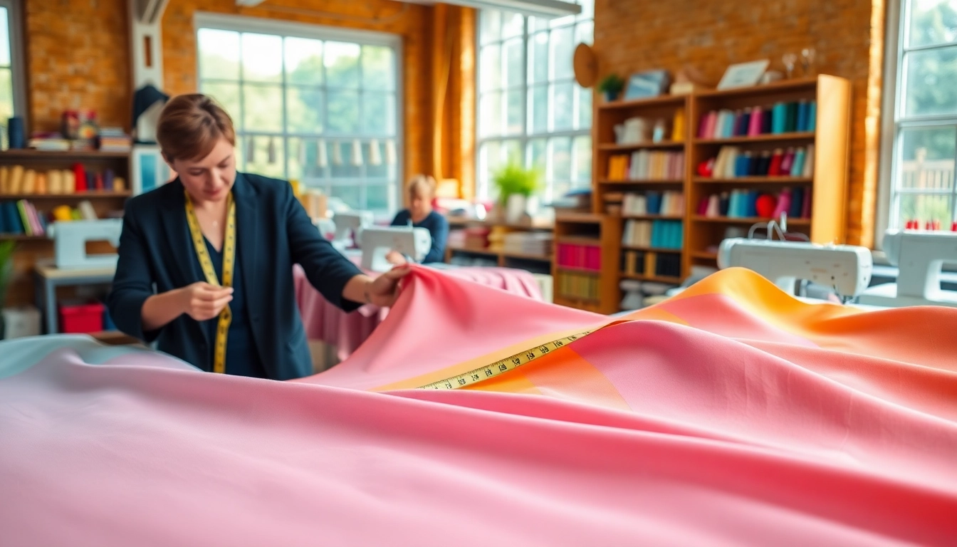 Bekijk uni katoen stof in een creatieve stoffenwerkplaats met kleurstalen.