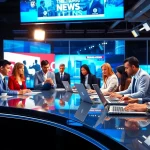 News reporters actively covering the latest headlines in a dynamic newsroom setup.