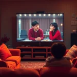 Watch Korean drama online in a cozy living room filled with DVDs and warm lighting.