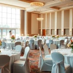 Feierliche Anordnung im almas event center mit eleganten Tischen und Blumenarrangements