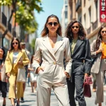 Showcases stylish Fashion outfits in a vibrant urban setting with a model.