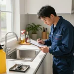 Effective pest control guide in action, technician inspecting kitchen for pests with equipment and checklist.