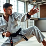 Martial artist showcasing Nation Athletic BJJ Gear while practicing on tatami mats.
