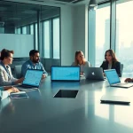 Engaged professionals discussing sales enablement content tracking during a meeting.