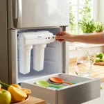 Person replacing Filterlogic DA29-00020B Refrigerator Water Filter in a bright kitchen with fresh produce.