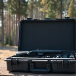 Showcasing a pelican rifle case opened in a scenic forest setting, highlighting its versatility and durability.