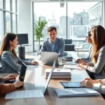 Engaging scene showcasing an expert led warranty company representative assisting clients in a modern office.