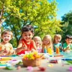 Happy children painting at a summer childrens camp, enjoying outdoor activities in nature.