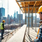 New York City Commercial General Contractor overseeing a bustling construction site with urban scenery.
