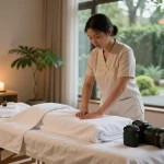 Serene Swedish massage therapy room at https://www.makangs.com/region/국내/서울-/마사지-스웨디시 with ambient lighting and calming decor.