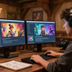 Tavern AI user creating characters in a warm virtual tavern atmosphere with fantasy decor
