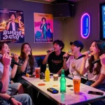 Vibrant karaoke night at https://www.magic4karaoke.com/, friends enjoying singing and drinks in a lively Jeju setting.