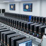 Bitcoin mining farm with ASIC miners and digital monitors showing real-time statistics in a modern facility.