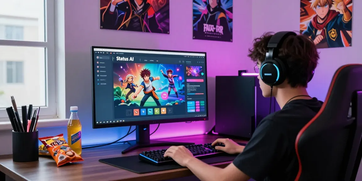 Engaging gamer exploring the status game in a vibrant virtual world.