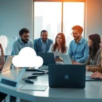 Illustration of a group discussing a cloud based phone system in a modern office.