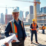 New York City Construction Manager guiding a team on a vibrant construction site.