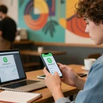 Engaging with GB WhatsApp APK on a smartphone in an urban café setting, showcasing features and customization.