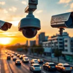Automatic license plate recognition monitoring urban traffic with advanced cameras and vivid sunset backdrop.