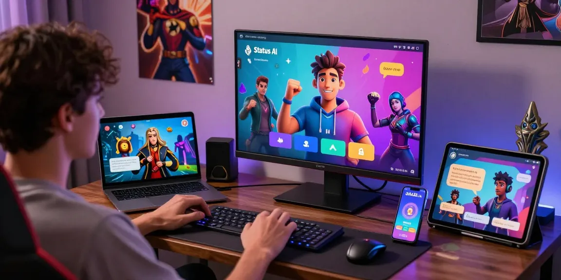 Engaged user creating their avatar in the status app surrounded by fandom elements in a cozy gaming nook.