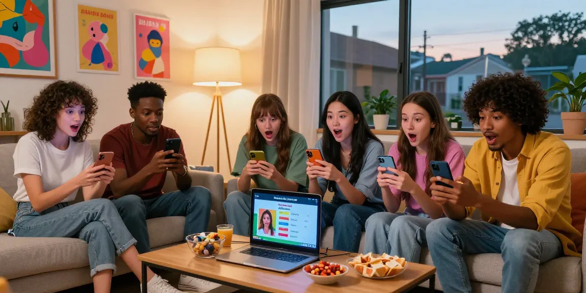 Friends enjoying a lively session of smash or pass ai game in a cozy living room, holding smartphones and reacting to AI-generated ratings.