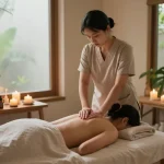 Massage therapist at https://www.makangs.com/ providing a Swedish massage in a tranquil spa setting, candles and aromatherapy oils enhance relaxation.