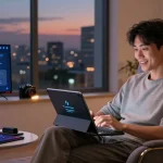 User engaging with KoboldAI on a tablet in a modern lounge, showcasing innovative tech interaction in a vibrant setting.