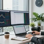 Dynamic office scene showing a professional analyzing currency exchange rates live data on multiple screens, with charts and financial tools.
