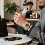Elegant individual wearing a Rolex replica watch in a stylish cafe, showcasing luxury and sophistication.