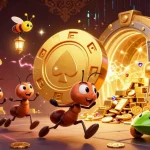 Engage in thrilling Slot Demo adventure with ants carrying a giant poker chip amid dazzling treasure.