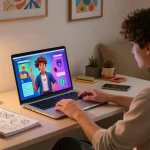Engaging in NSFW chat with a customizable AI character in a cozy home office setting.